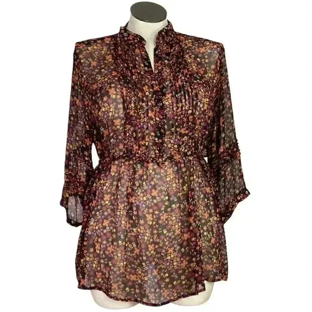 Torrid Womens 2X Ditzy Floral Pleated Chiffon Blouse Top Brown 3/4 Sleeve Y2K
